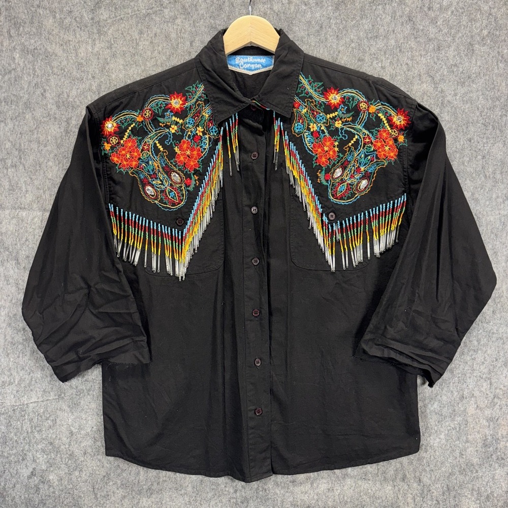 Vintage Embroidered Beaded Fringe Western Shirt Southwest Canyon Shirt Women's M